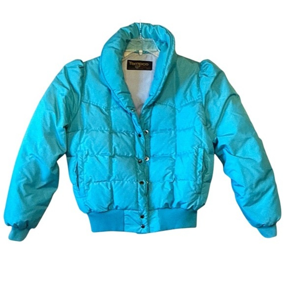 Tempco Goose Down Puffer Jacket Bright Aqua Blue Puffy Winter Coat size L 80's